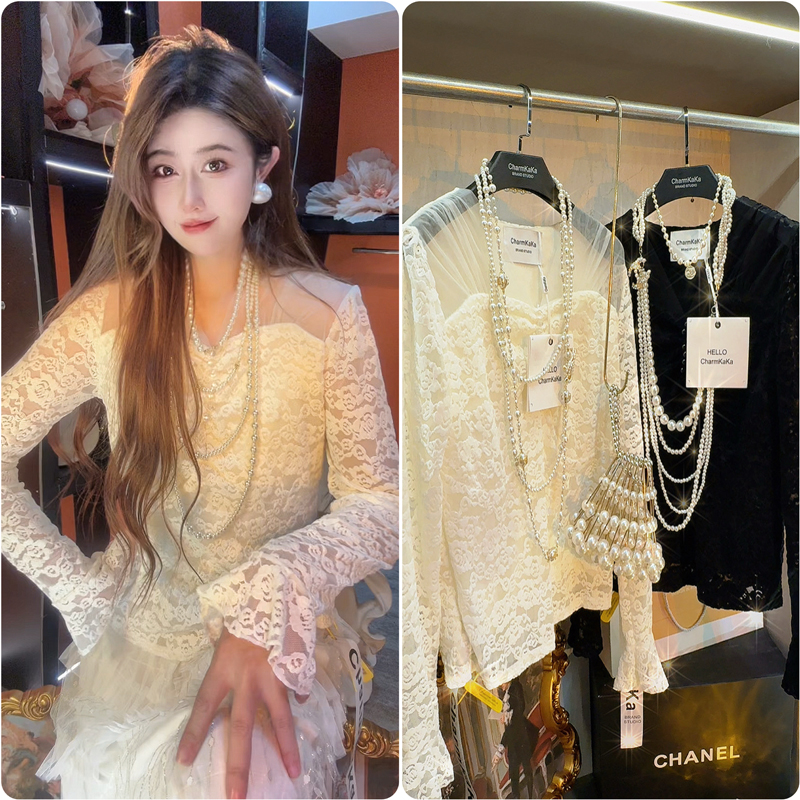 【思念千山】63570拼接网纱领蔷薇花喇叭袖蕾丝衫大码胖MM