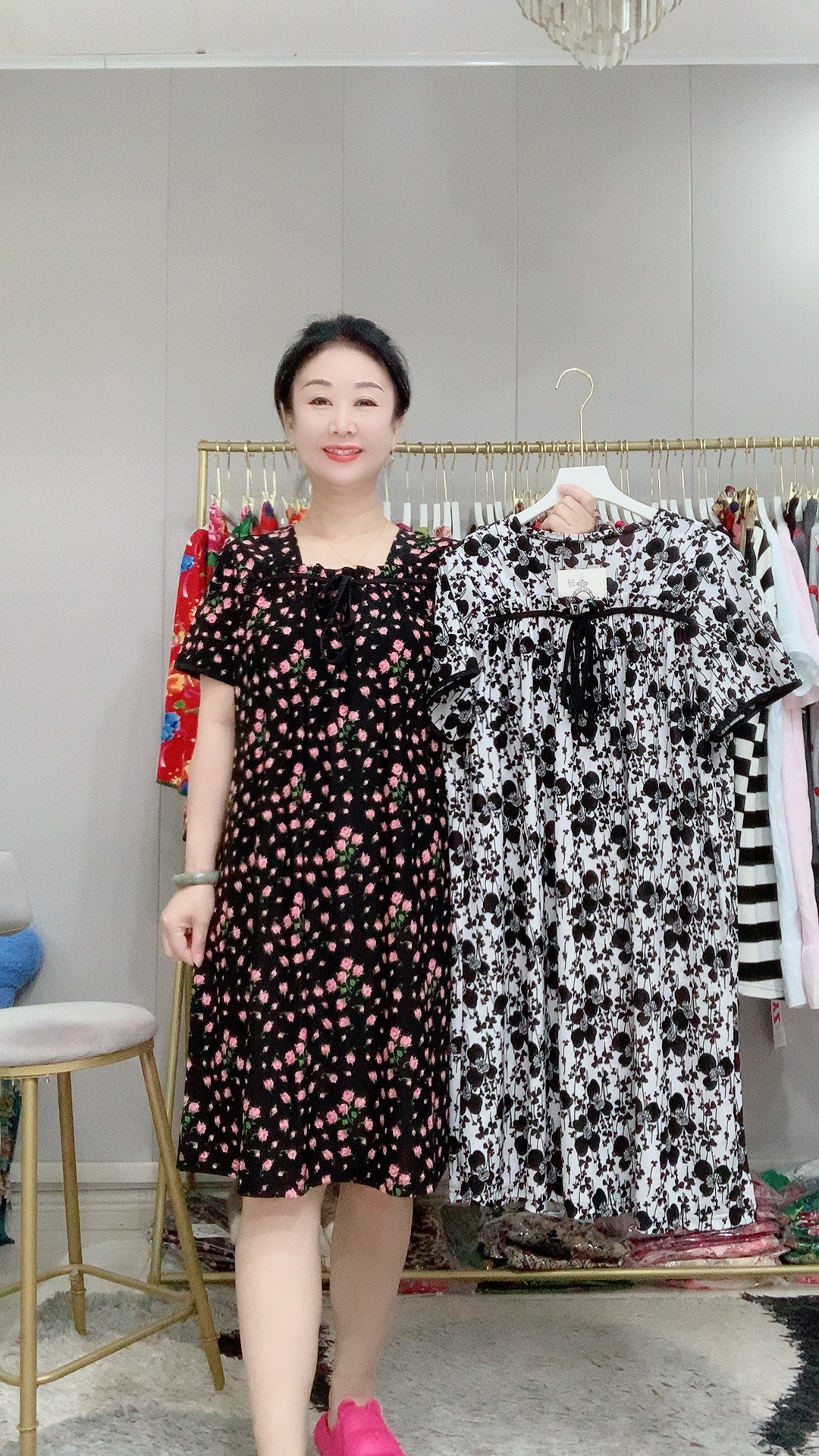 韩国透气网碎花家居裙