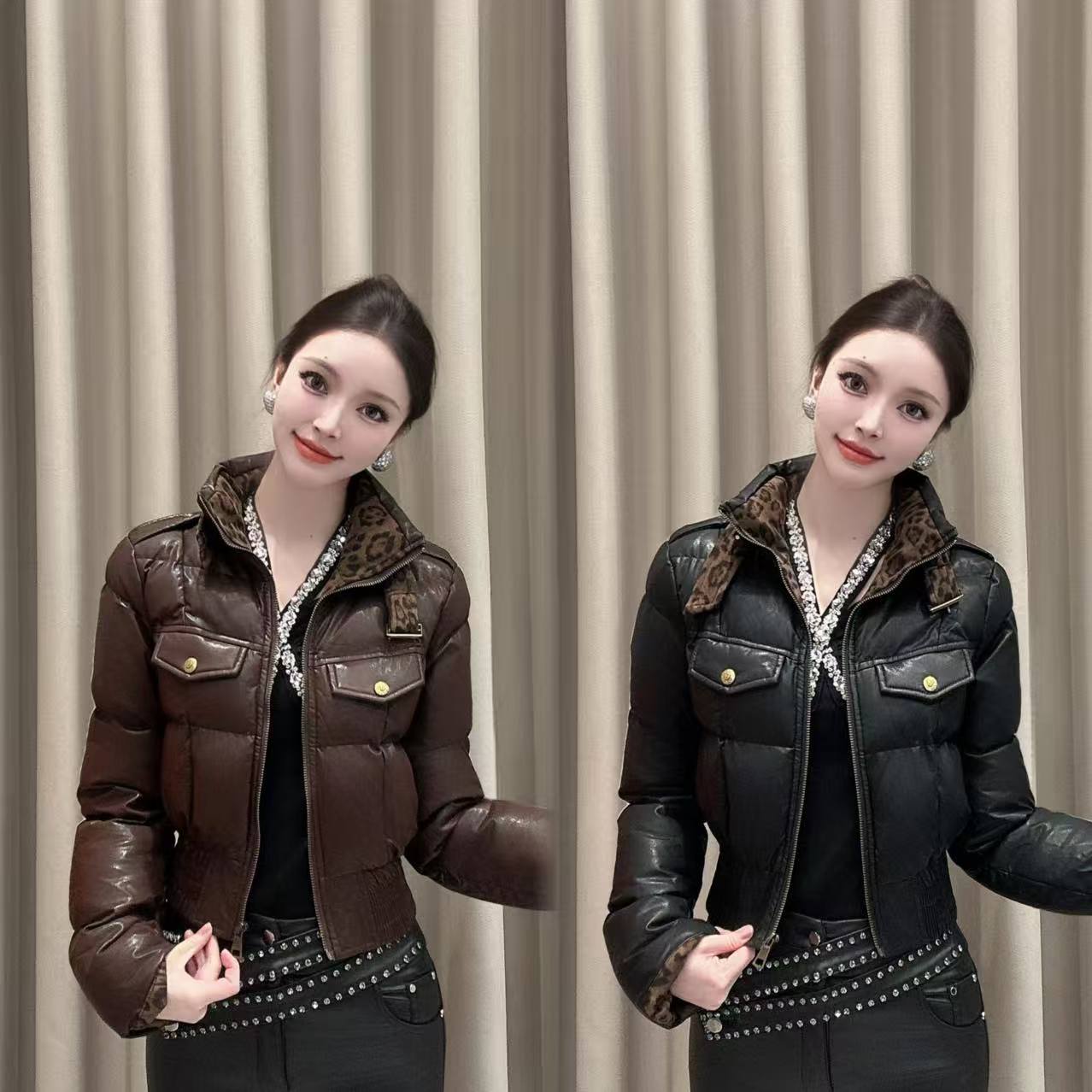 【气质年华】冬季轻奢高档立领皮衣夹棉外套加厚保暖修身显瘦时尚