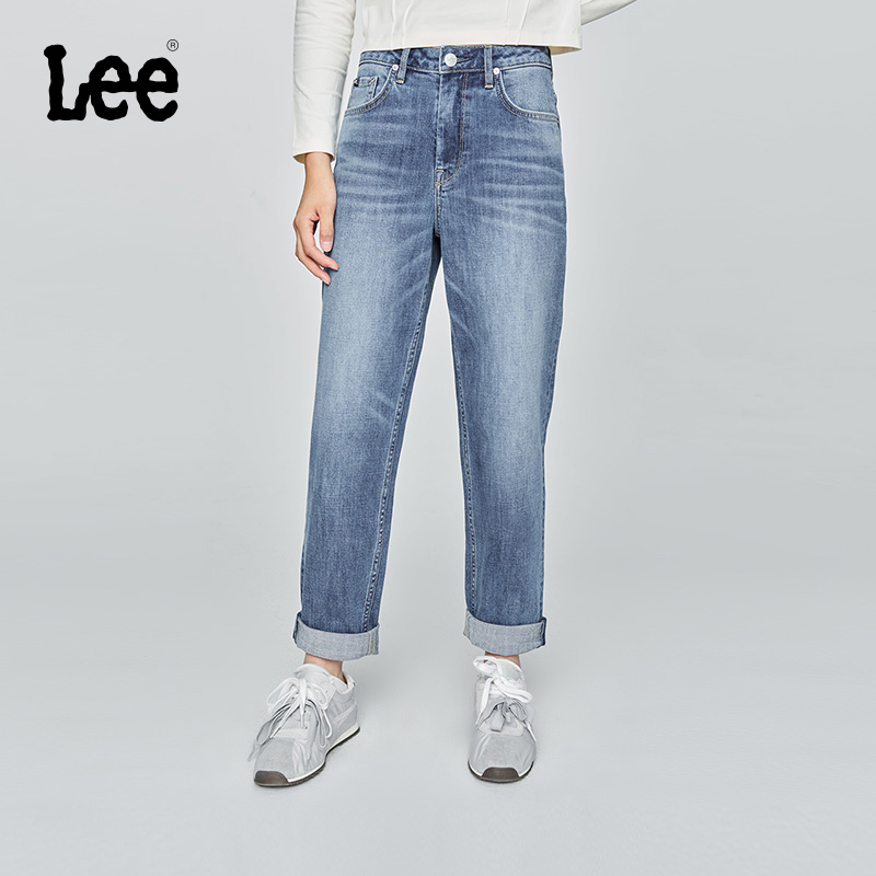 Lee25早秋411琥珀流光舒适高腰小直脚五袋设计中蓝色女牛仔裤潮流