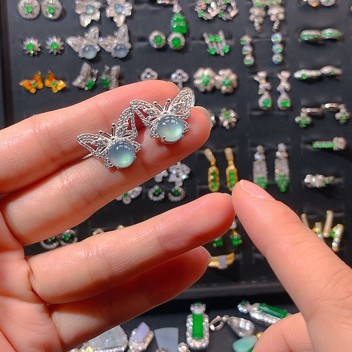 翡翠戒指银S925镶嵌耳钉