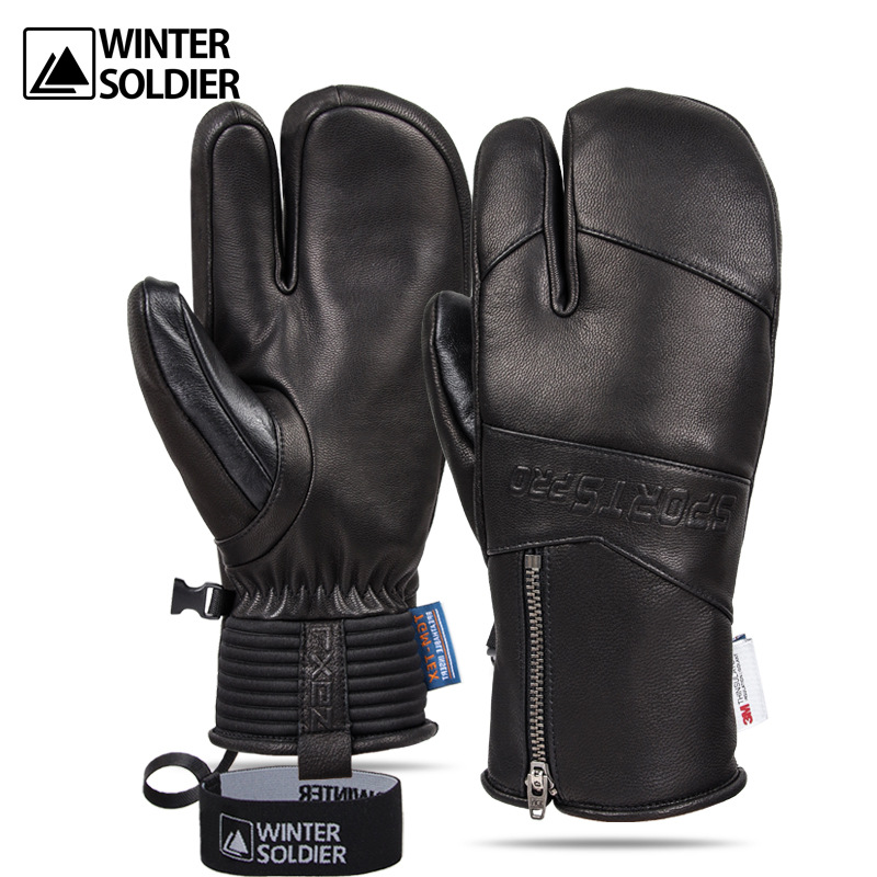 山羊皮成人三指滑雪手套拒水透气保暖舒适灵活