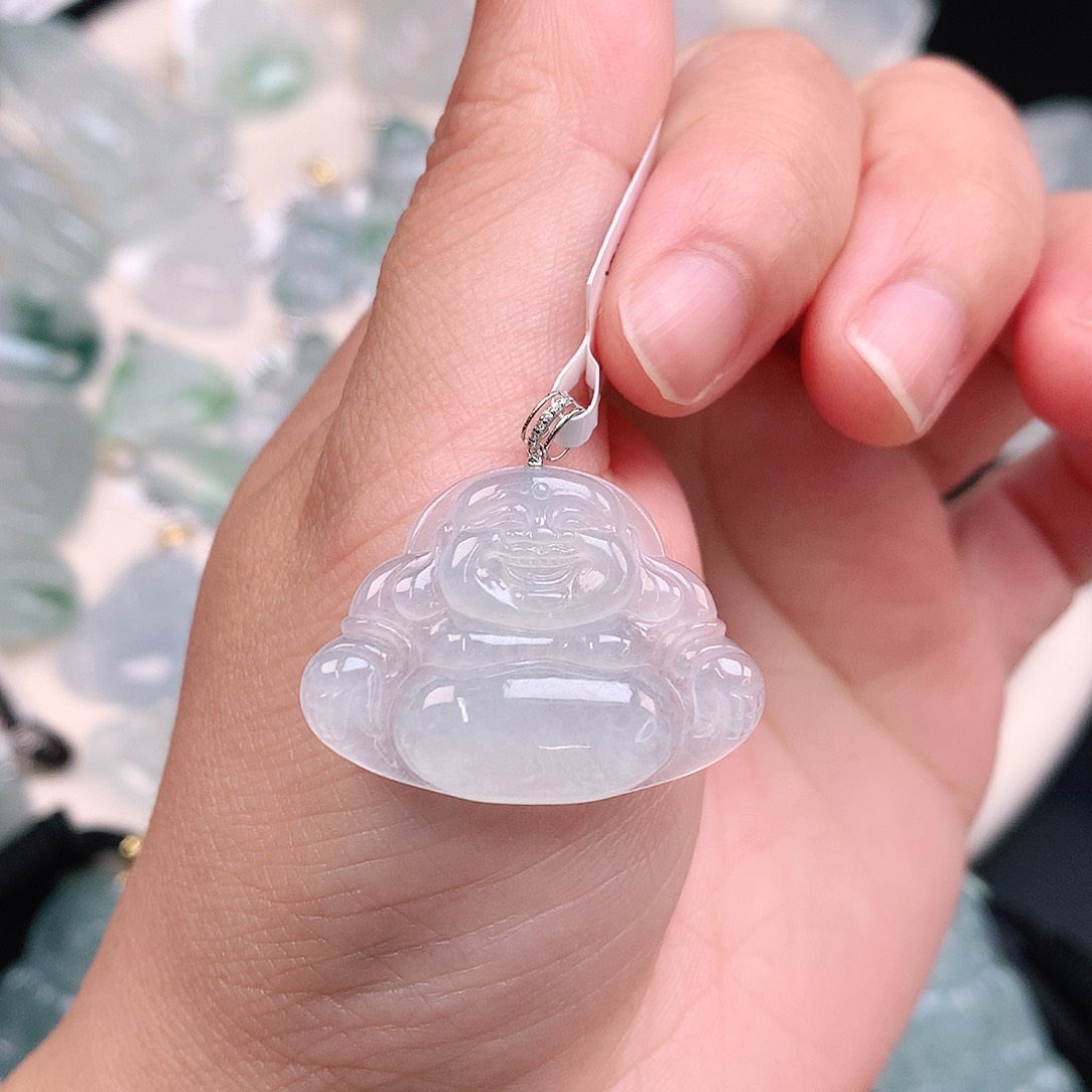 翡翠颈饰18K金镶嵌冰胶一刀切佛公