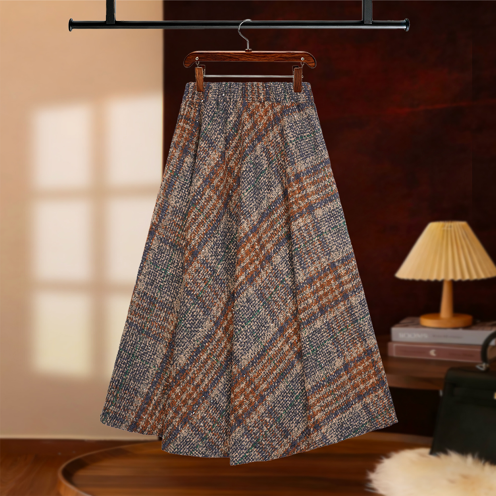 【NANA专属】2025秋冬经典格纹复古洒银半身裙高腰设计显瘦D8240