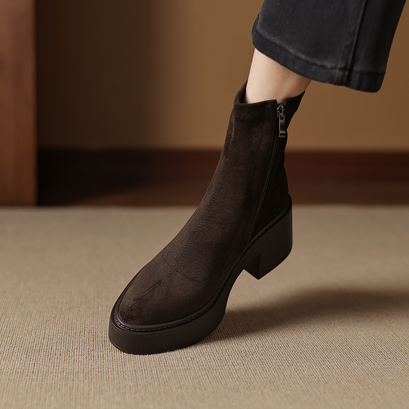 7cm粗跟超轻厚底小个子增高宽胖脚显瘦短靴圆头宽胖脚显弹力靴女