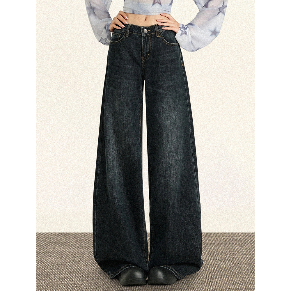 深蓝色低腰直筒牛仔裤女秋季新款美式复古休闲宽松阔腿拖地裤子潮