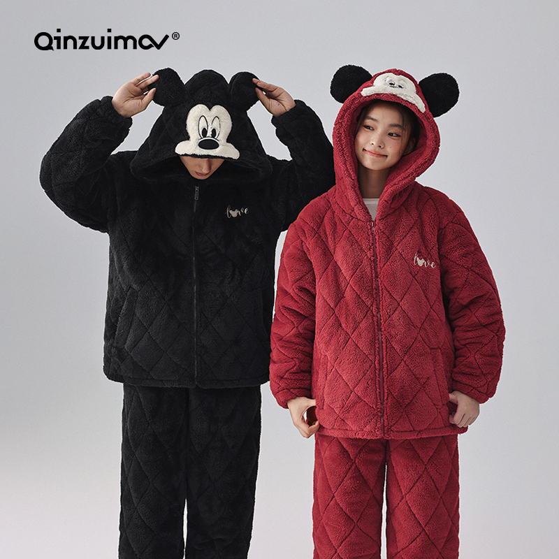 亲嘴猫卡通连帽暖暖绒夹棉情侣睡衣女冬季三层加厚男士套装家居服