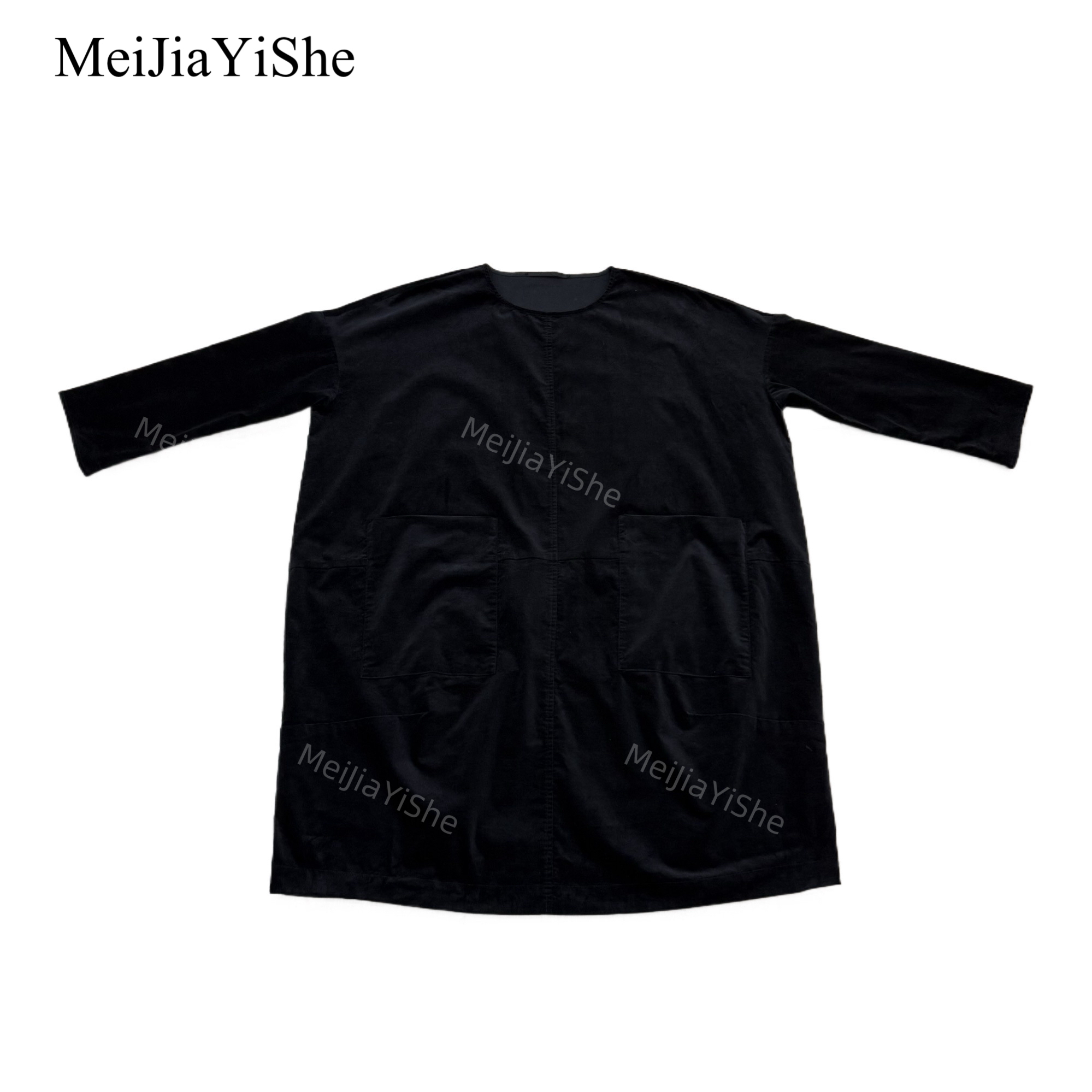 梅家2025新款绒感平绒全棉大口袋长袖宽松休闲连衣裙