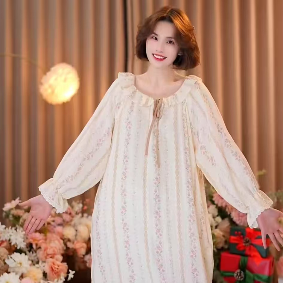 精梳纯棉100【法式花卉】秋季新品舒适家居睡裙可外穿