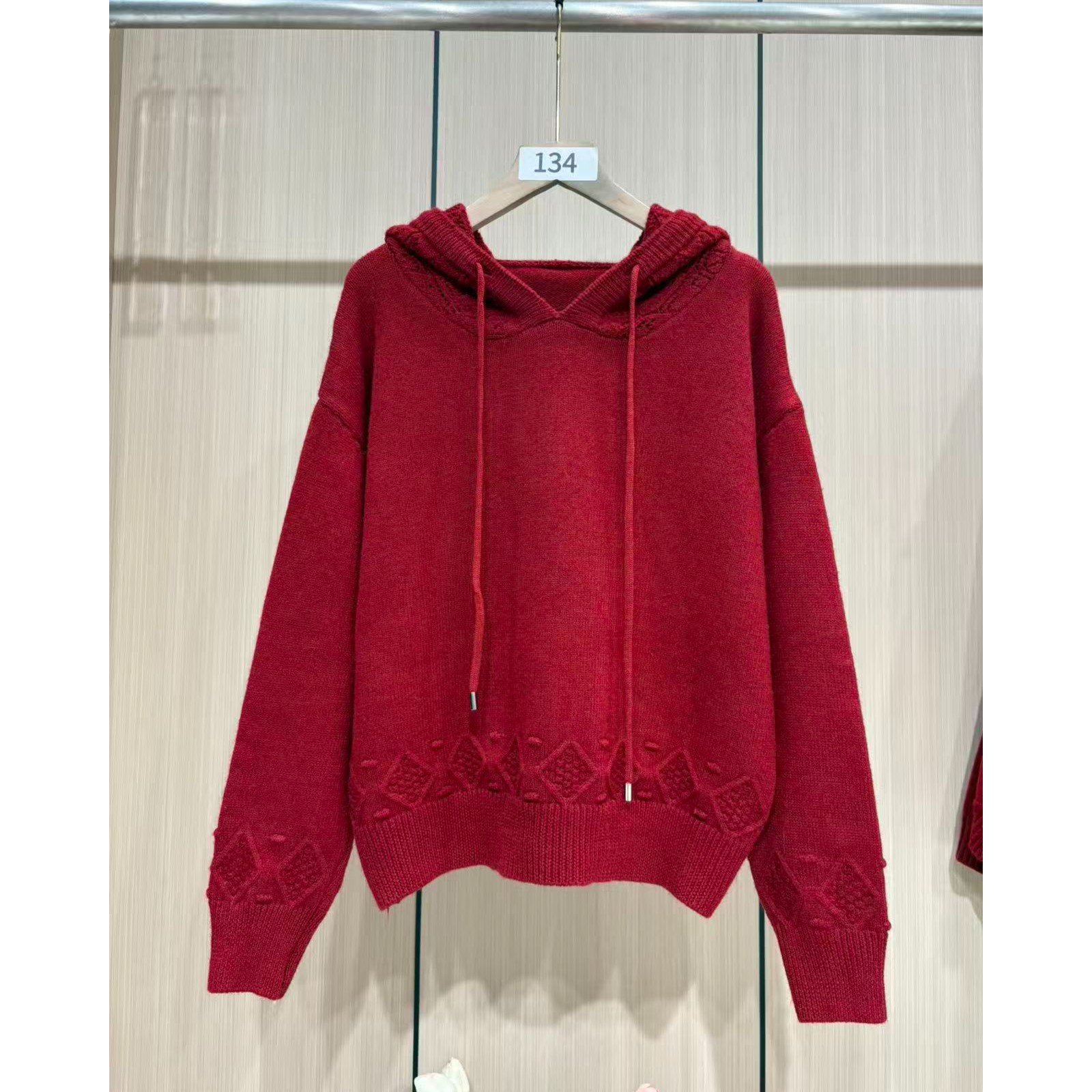 连帽百搭女毛针织衫针织常规款宽松宽松型红色纯色毛衣女