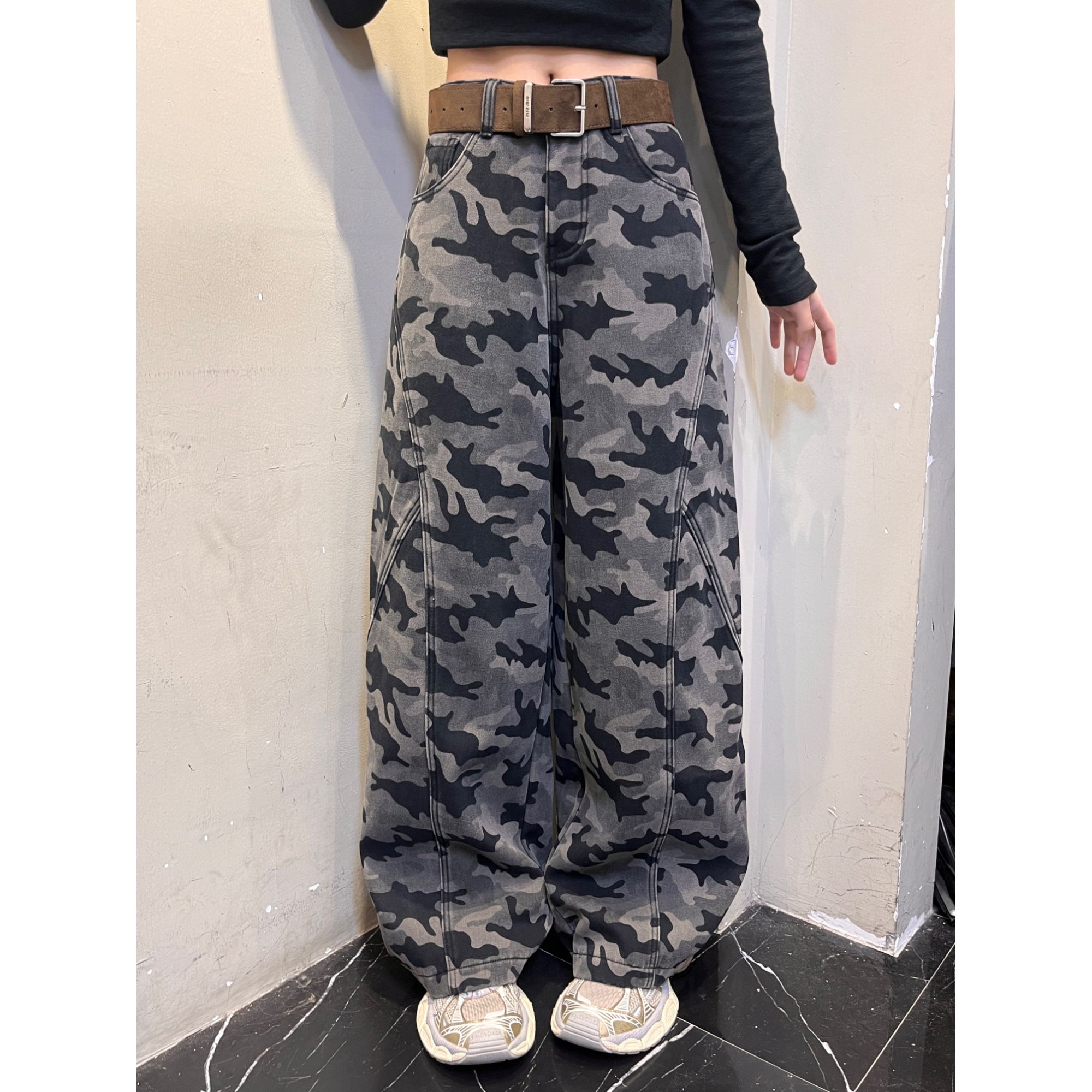 凡凡【厚绒迷彩】冬季加绒加厚裁剪设计迷彩百搭宽松拖地裤