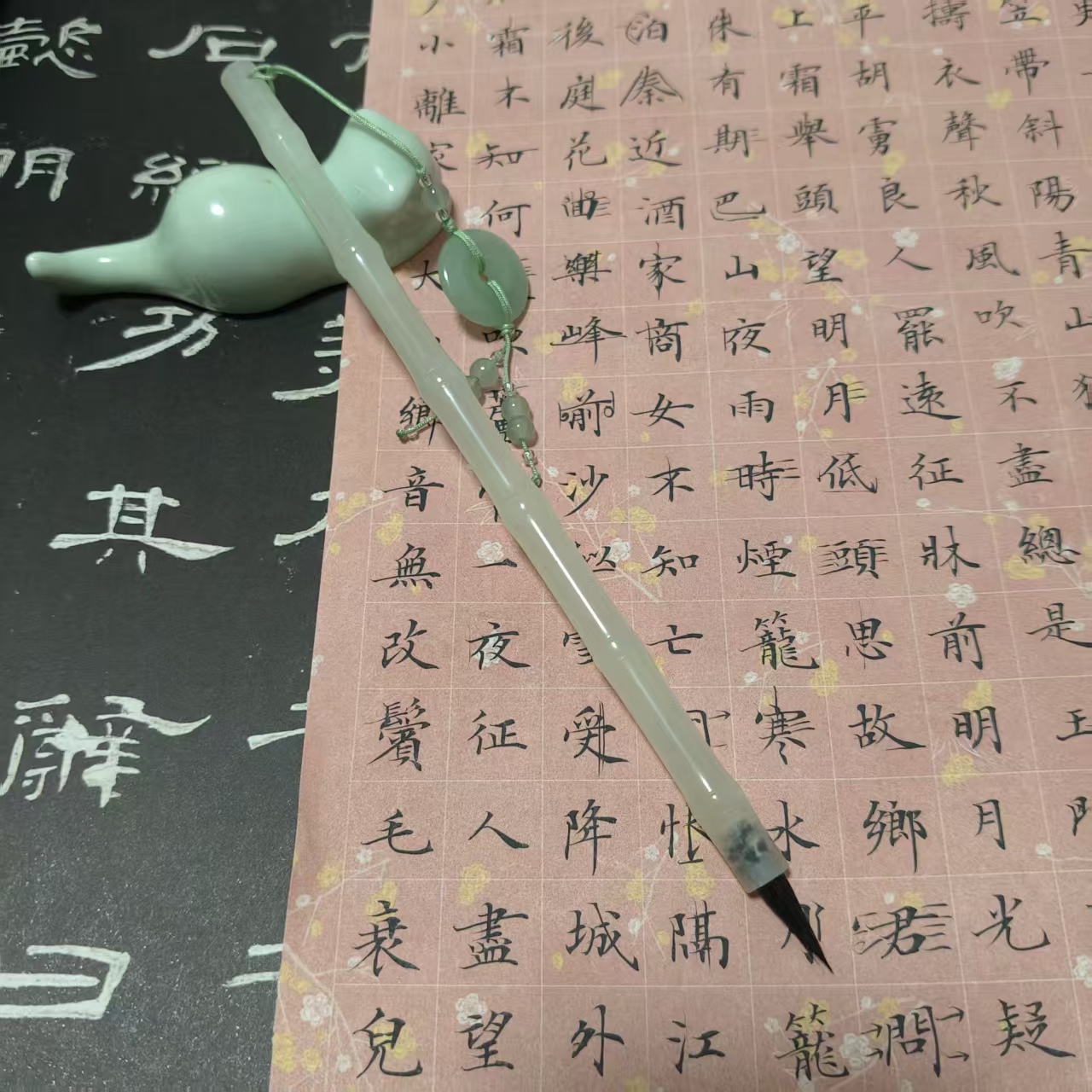 【定制】黑尖紫毫毛笔岫玉笔杆