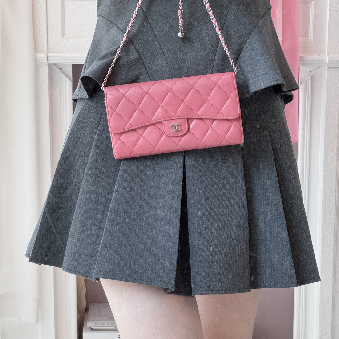 95新 Chanel/香奈儿 chanel树莓粉银扣cf长钱包 