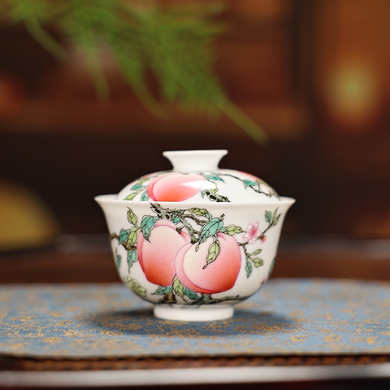 【墨舍珍藏】五桃白地盖碗纯手工moshe1007景德镇手工手绘茶具陶瓷