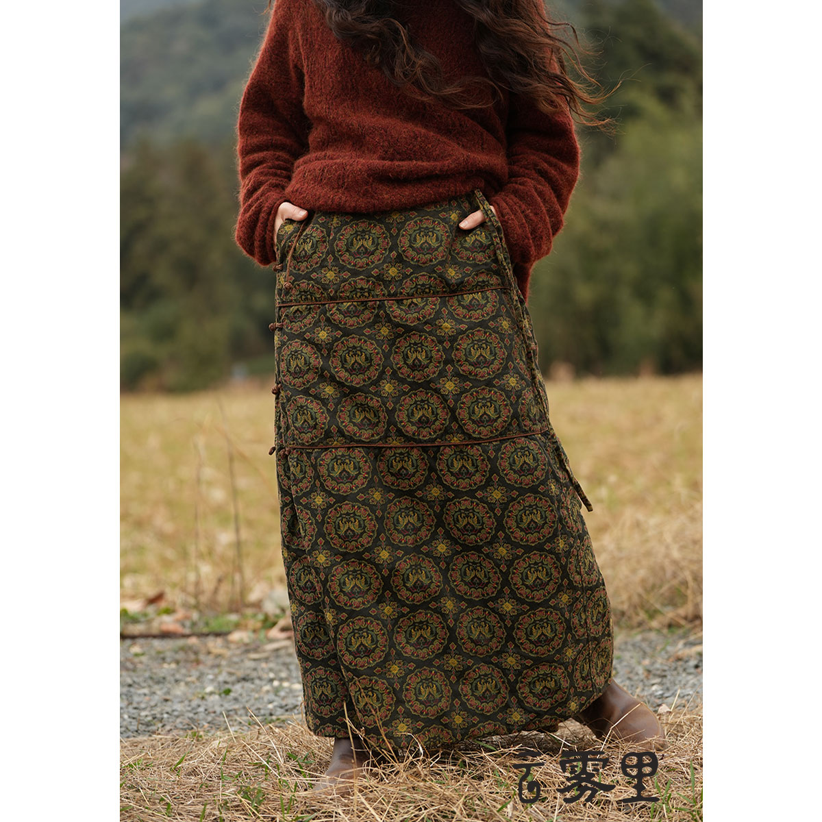 云雾里 原创设计复古文艺松弛感古朴典雅随性亚麻混纺棉裹裙 3169