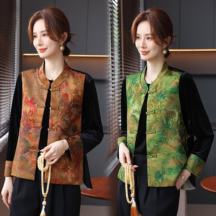 2025秋装新款盘扣复古马甲上衣时尚中式印花宽松提花马夹洋气女装