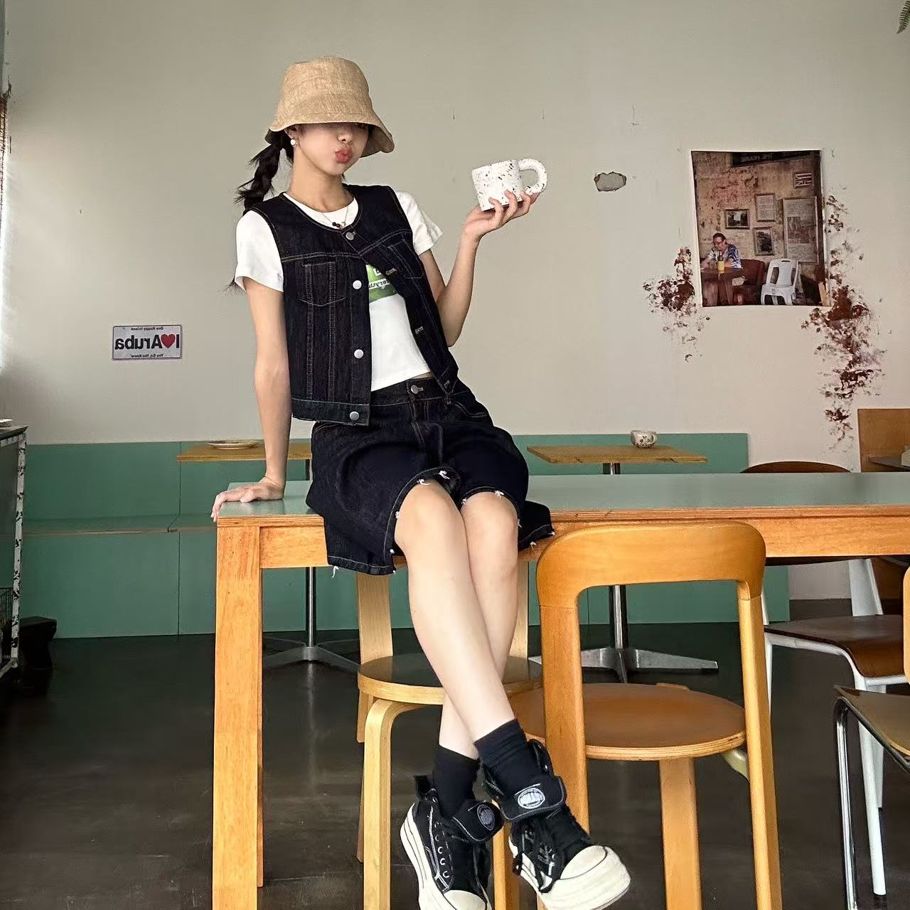 “小春野”|虎皮卷纯棉蓝色圆领无袖背心马甲牛仔裤套装#S25709