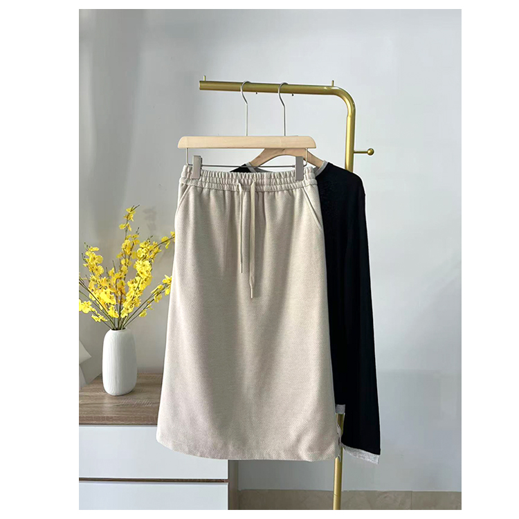秋冬毛呢半身裙女士松紧腰直筒裙中长开衩女裙米色简约百搭厚款