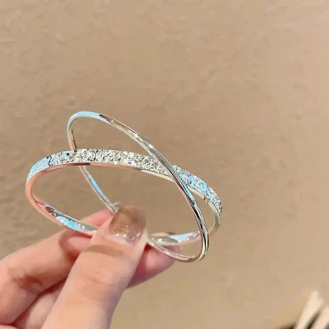 999.9银新款碎冰冰双环闭口镯情人节送女友礼物