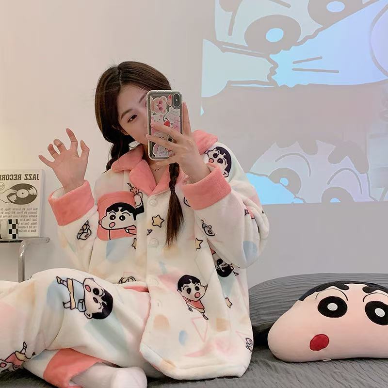 法兰绒冬款蜡笔小新加厚保暖睡衣家居服套装