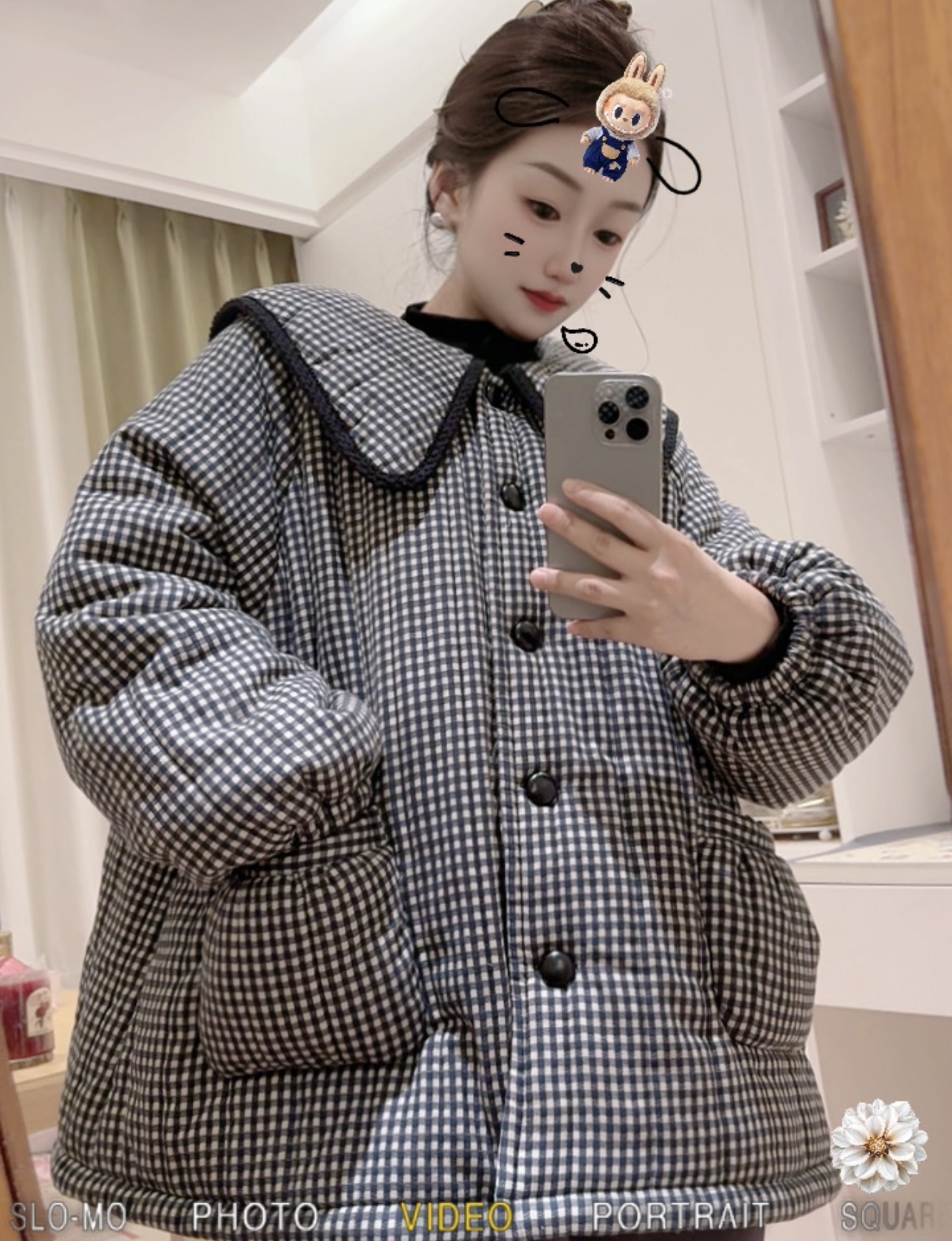 新款冬季三层夹棉套装格子长袖厚款加厚百搭拼接棉服家居服套装  