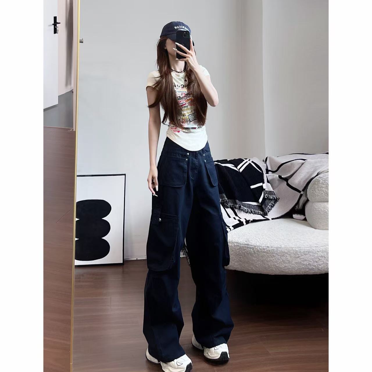 【暮色】美式高街工装裤女口袋设计百搭修身显瘦工装裤-K2953