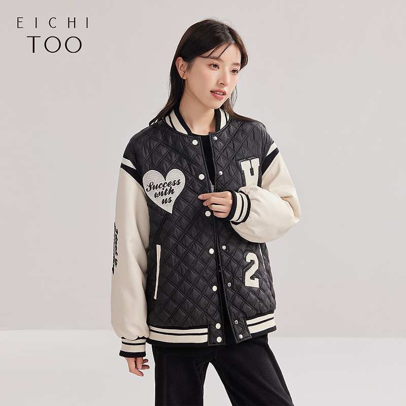 爱居兔冬撞色棒球领学院风轻薄绗棉茄克外套EWJAJ4M002A
