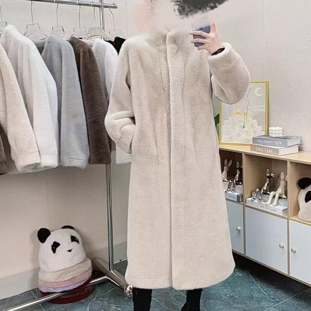 人造皮草 立领长款厚款复古港风宽松型风衣网红皮大衣带帽宽松