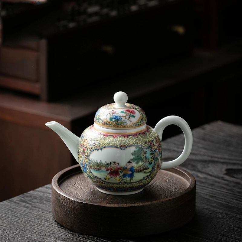 仿古泥珐琅彩童趣过滤泡茶壶茶杯组合小套家用陶瓷高端茶具泡茶碗