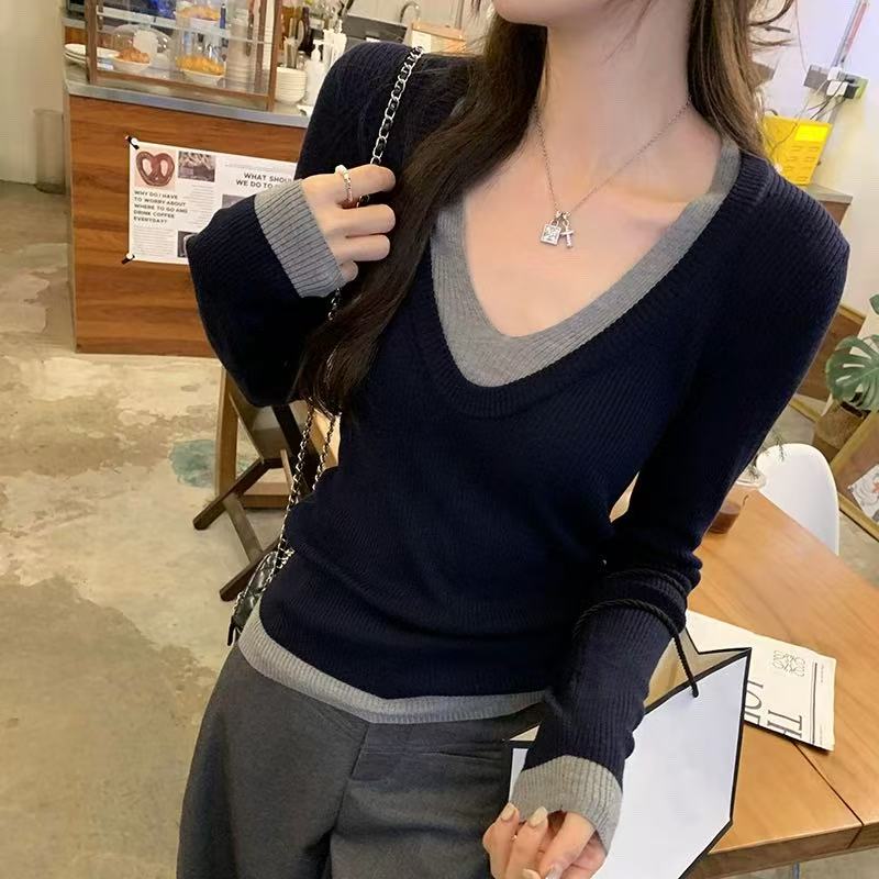 花倾慕假两件V领针织衫女秋冬2025新款显瘦内搭撞色打底毛衣95516