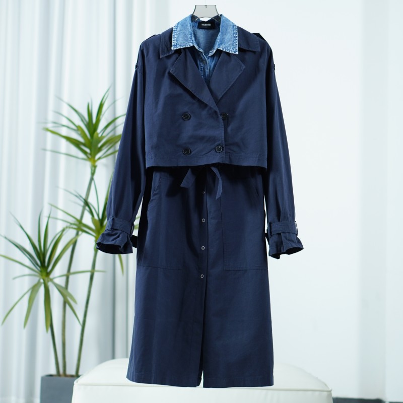 尚系列  E436   女装时尚春秋拼接牛仔长款风衣深蓝色SS01R51