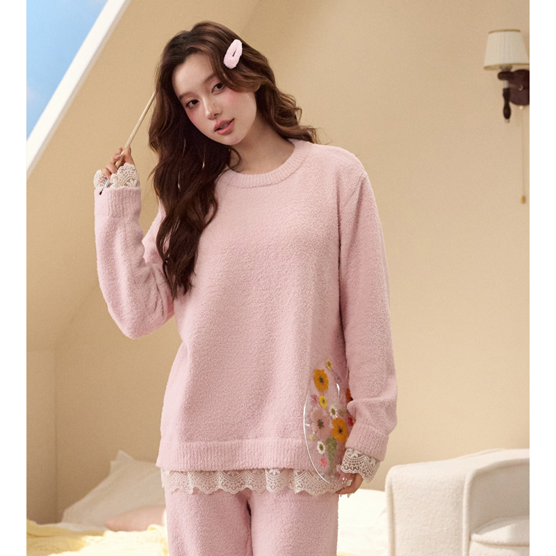 莫里伊【冬日粉色蕾丝边】小众时尚设计可外穿保暖睡衣家居服