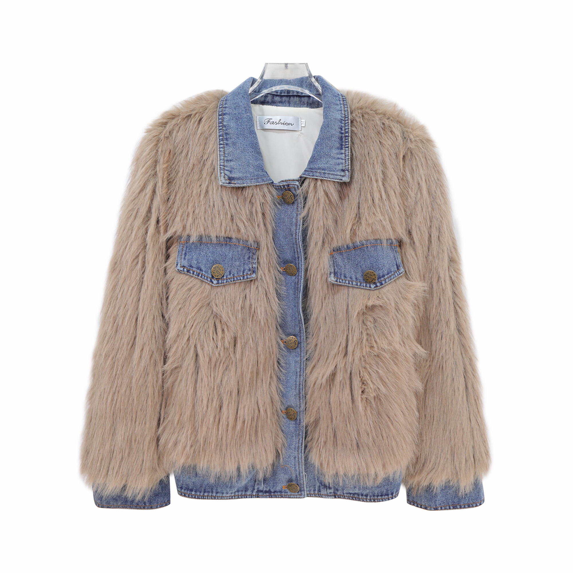 S名媛小香风设计感拼接牛仔毛毛外套 S5453