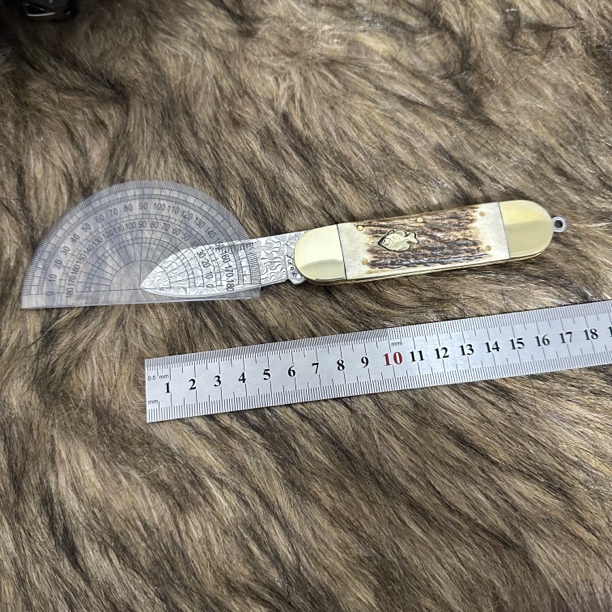 订单老货大马士革钢铜头鹿角手柄户外口袋刀