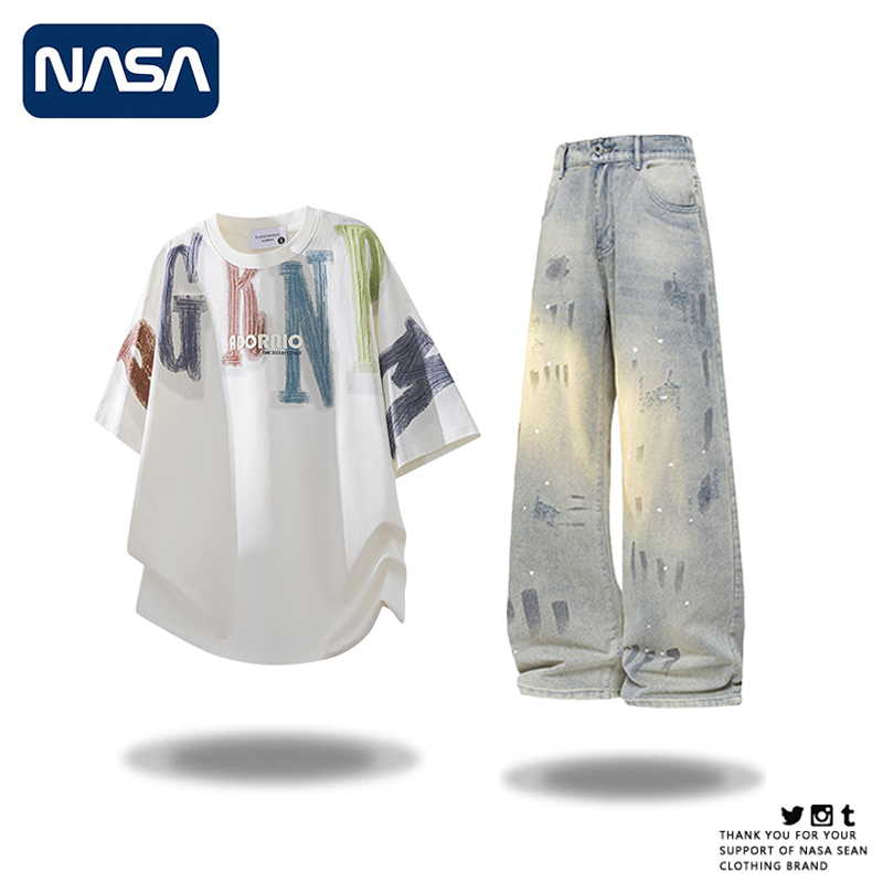 NASA涂鸦休闲运动衣服套装男款夏季冰丝短袖T恤牛仔裤套装两件套