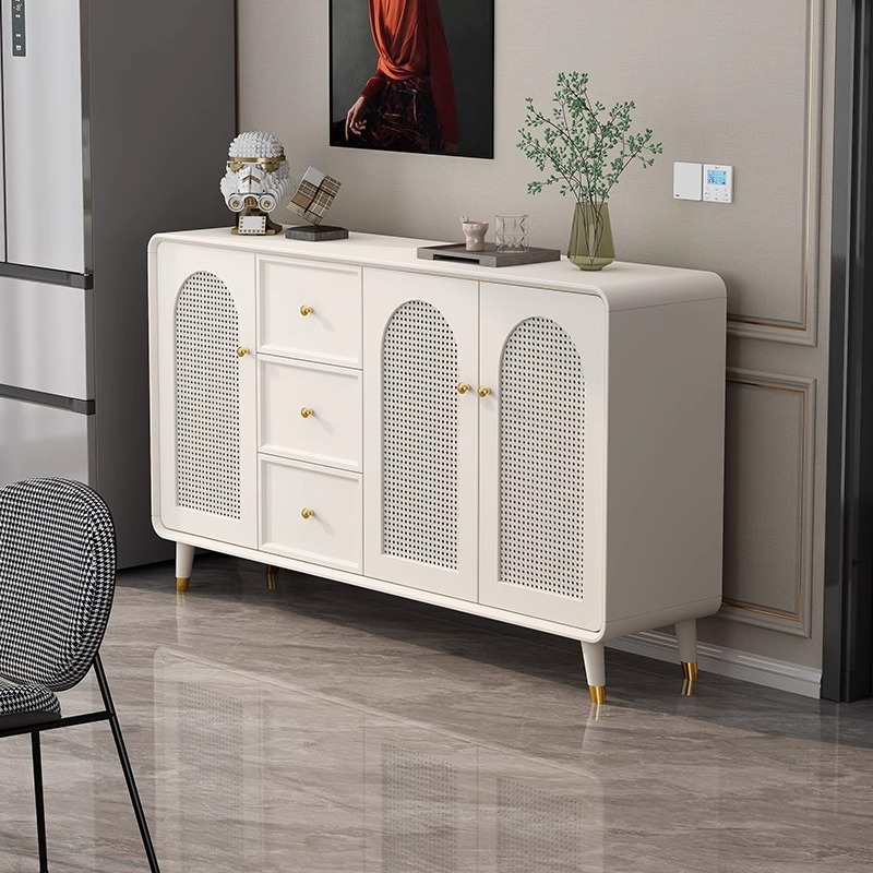 轻奢奶油风餐边柜靠墙一体简约现代多功能客厅藤编收纳储物柜碗柜