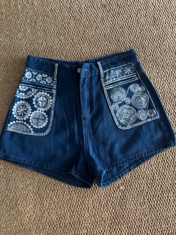 手工植物蜡染高腰牛仔短裤夏季女士