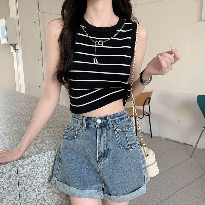 法式外穿小背心吊带夏季女士带项链短款针织无袖短袖T恤打底小衫