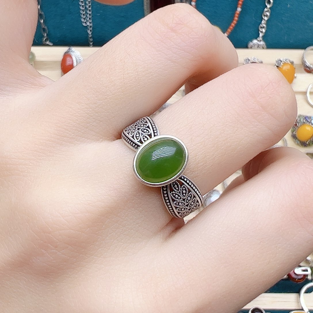 和田玉（碧玉）戒指银S925镶嵌