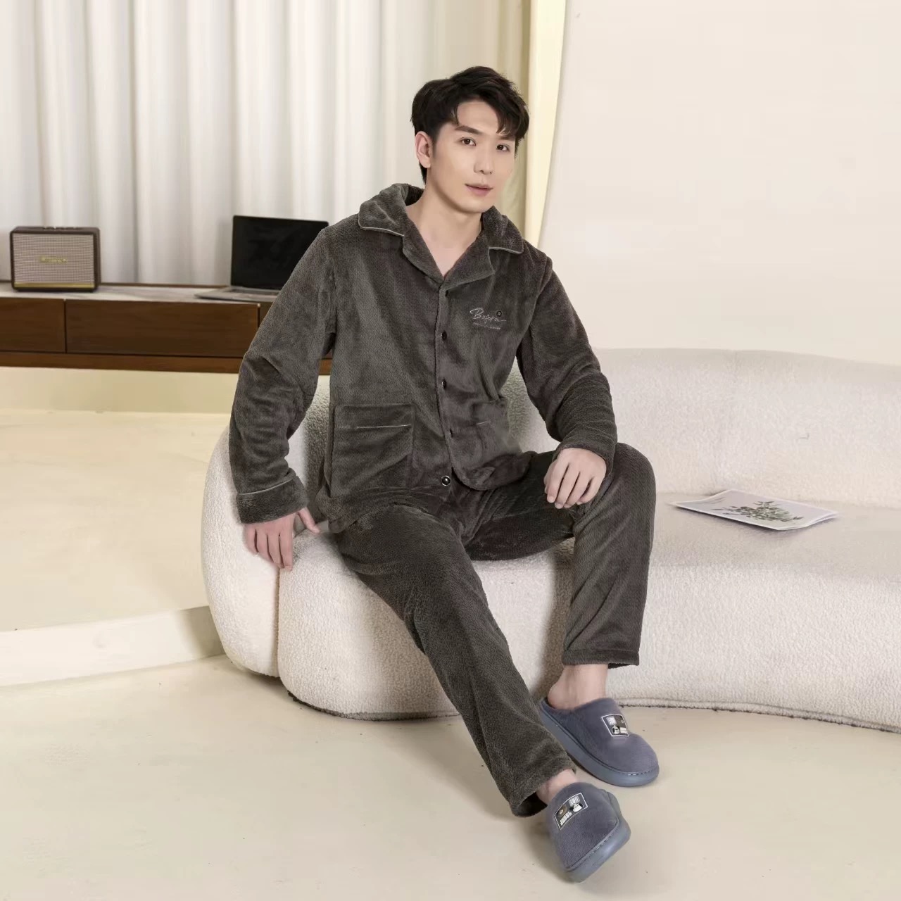 保暖青年冬季厚款睡衣家居服套装不起球松紧带衬衫领休闲男款加绒