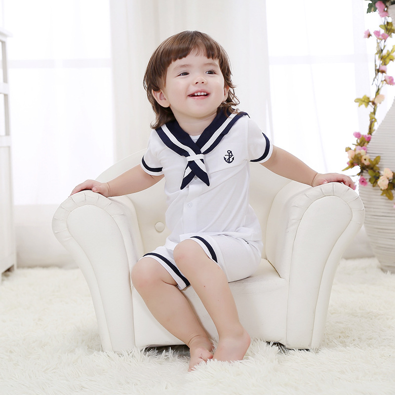 小海军夏季薄款两件套短袖短裤婴儿分体服透气空调服现货批代发