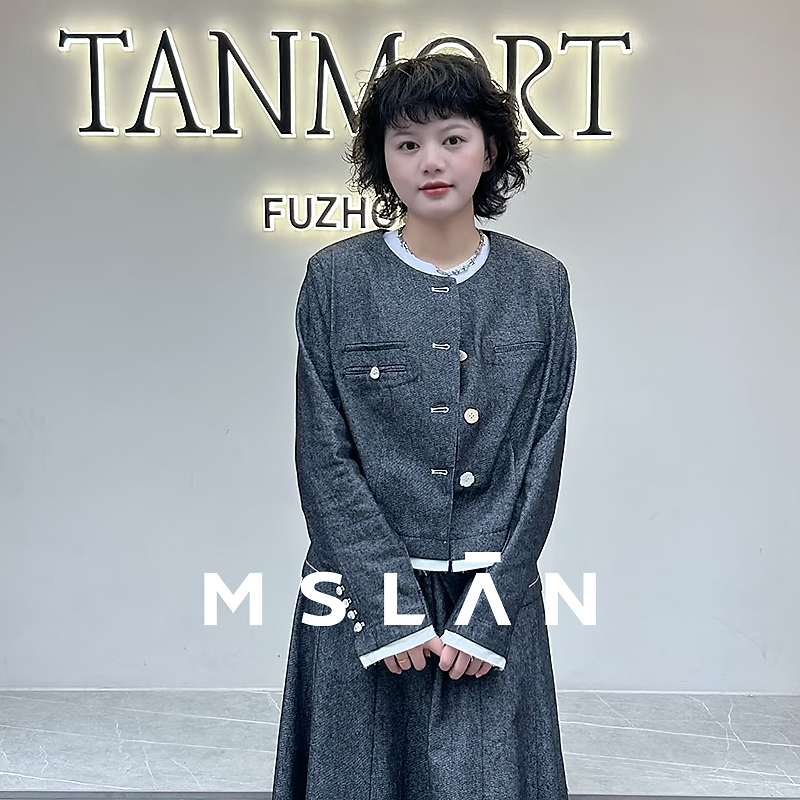 MSLAN春季新款假两件撞色拼接小香风圆领牛仔外套MHAW0451