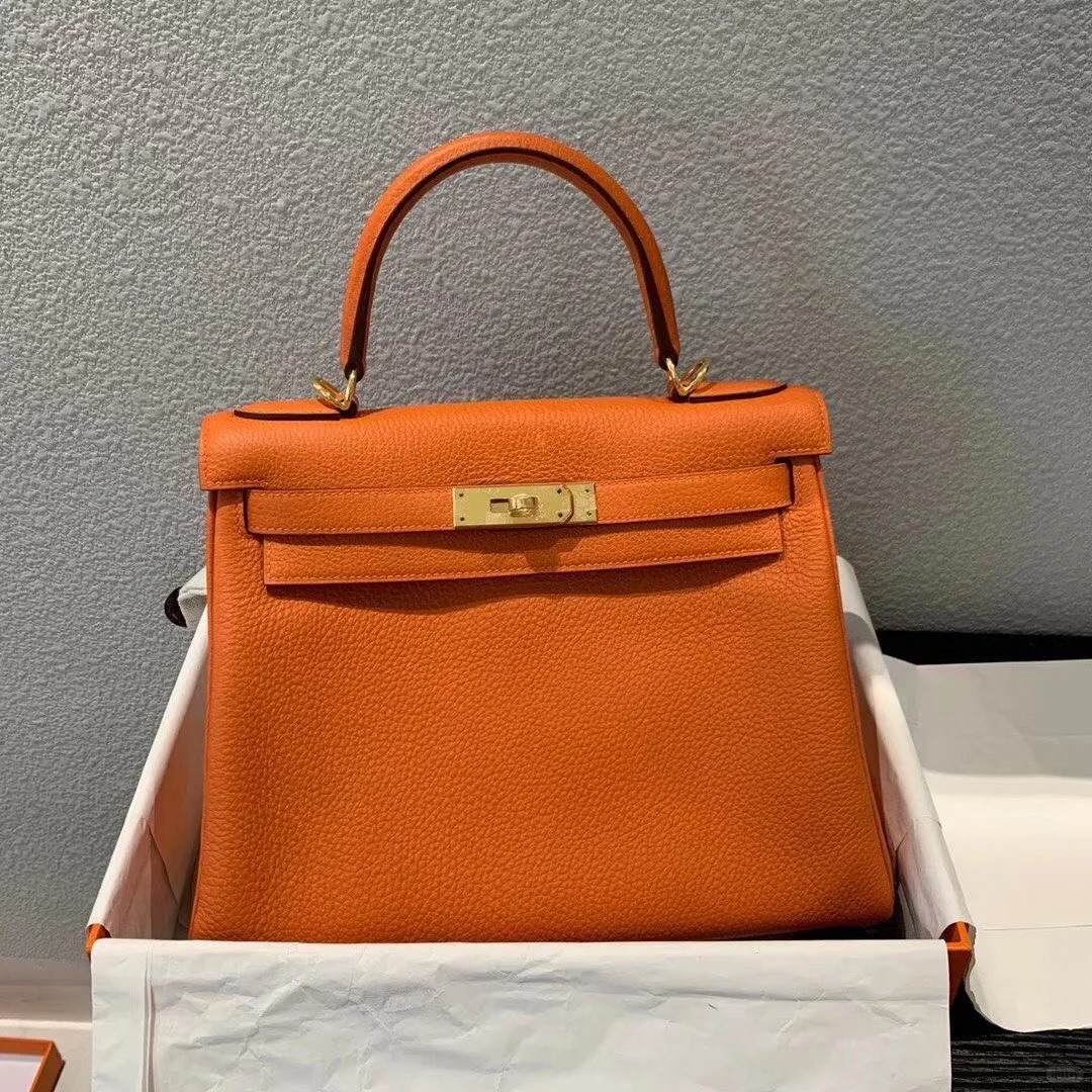95新 Hermes/爱马仕 小花JerryKelly 28 爱马仕橙 Togo皮 框N包