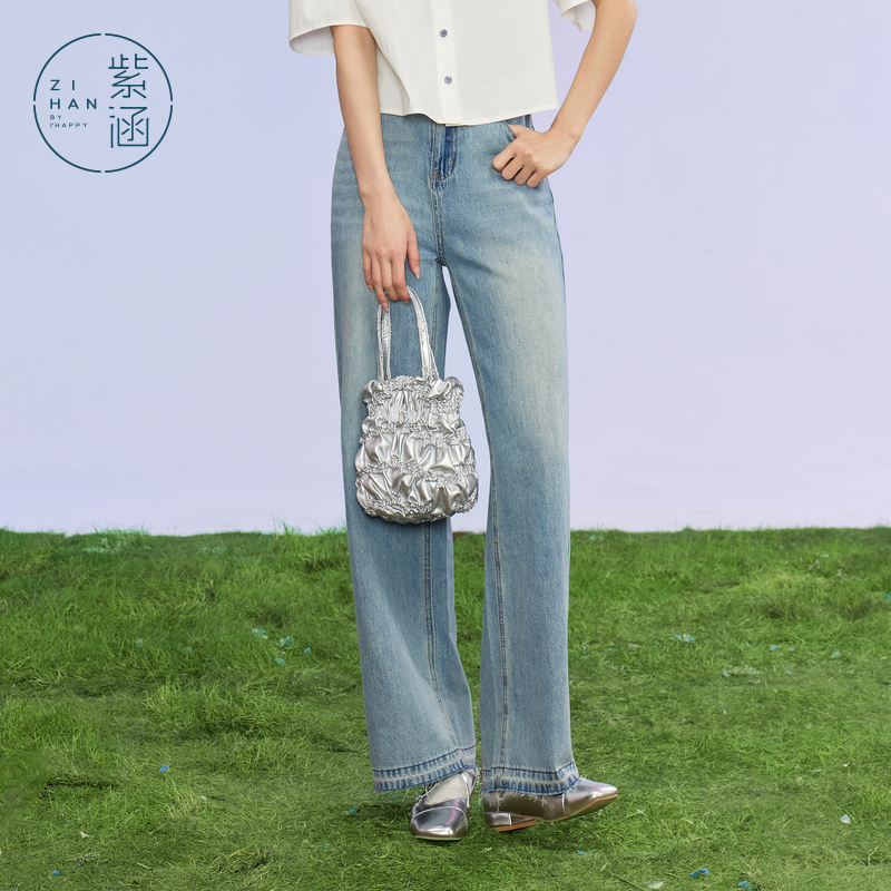 流光风 紫涵直筒开叉牛仔裤夏季水洗蓝高腰裤长裤Z4Z04BS354