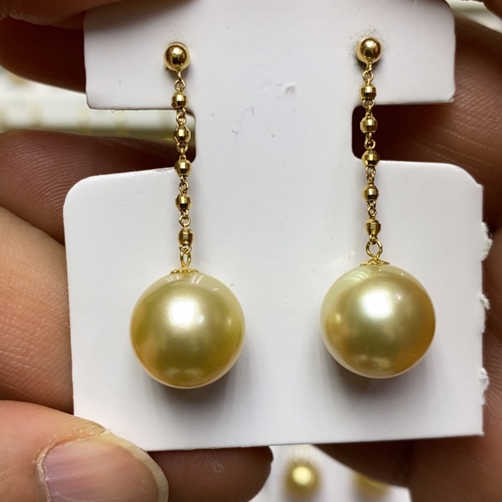 海水珍珠金珍珠耳环18K金镶嵌