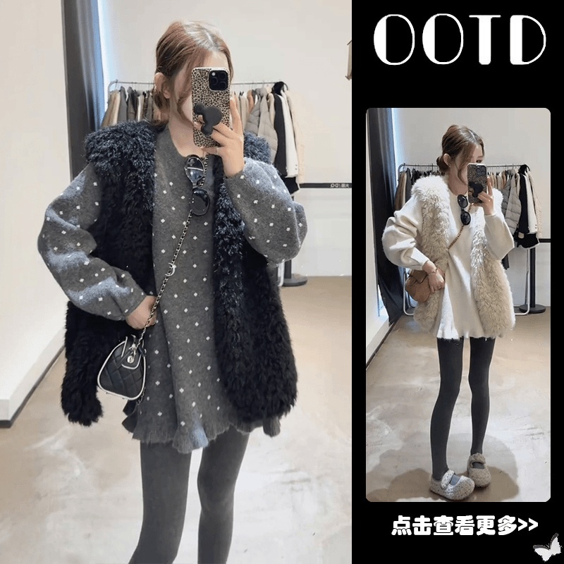 韩系木耳边波点加厚孕妇毛衣女秋冬新款慵懒风显瘦减龄中长款上衣