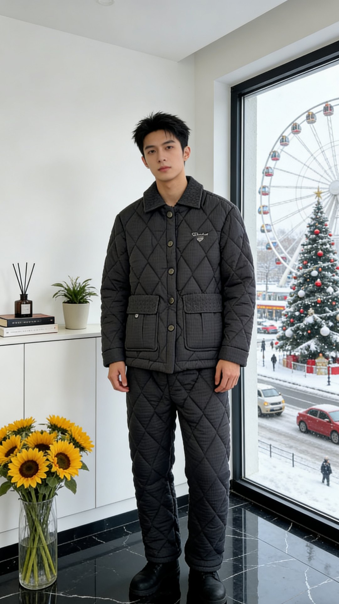 【0323碳灰型格】冬季男士睡衣加绒三层夹棉休闲保暖家居服连帽翻领