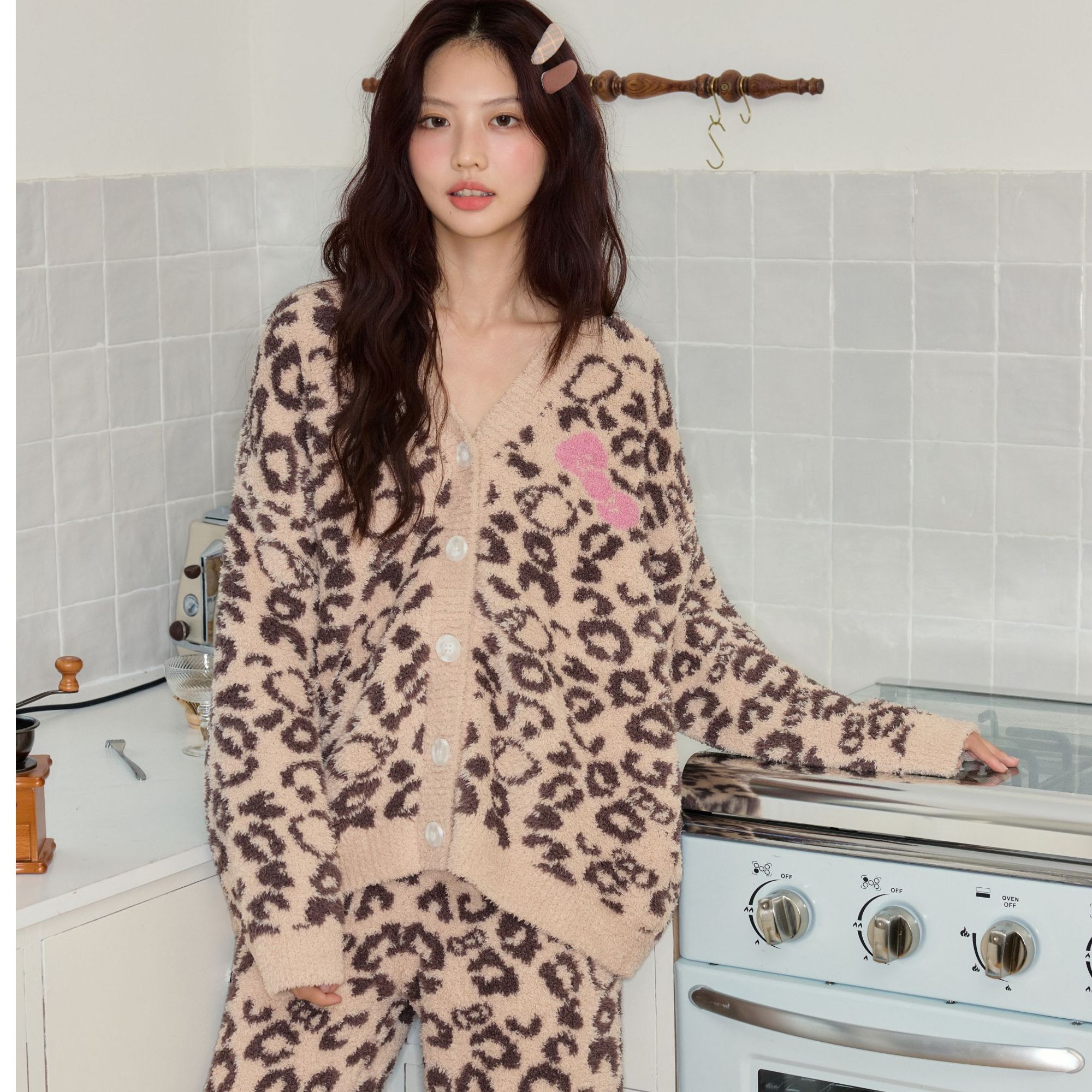 【豹纹猫KT】软绵绵半边绒秋冬豹纹家居服直筒裤开衫加绒加厚款睡衣