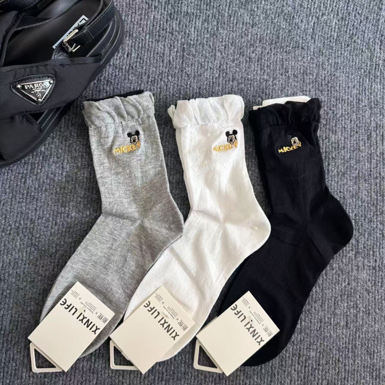 蝴蝶结中筒袜女春秋木耳边日系条纹防臭堆堆袜