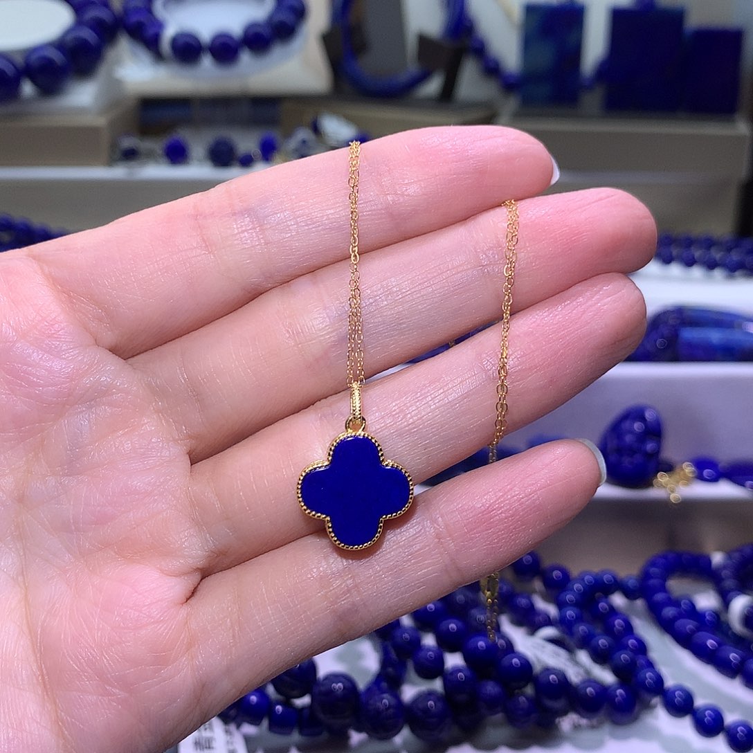 青金石银S925镶嵌天然原矿四叶草项链13.6m